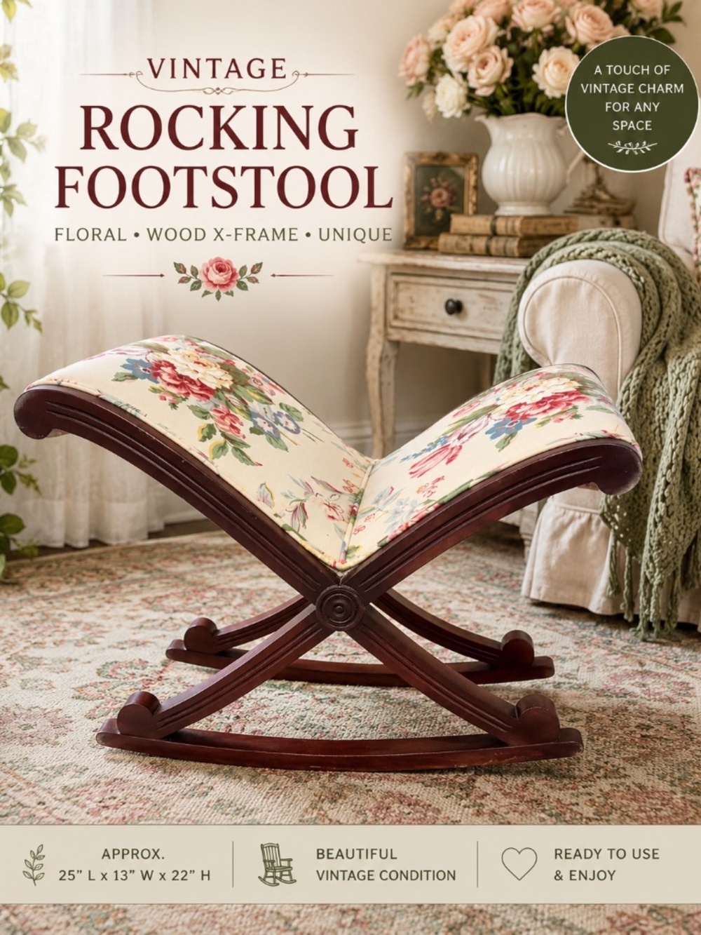 Vintage Floral Rocking Footstool Wood X Frame Gout Stool Cottage Decor